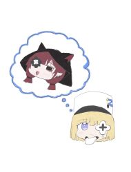  animal_hood azur_lane black_eyes black_hood blonde_hair chibi chibi_only commentary_request earrings eyepatch fangs gloves hat highres hood imagining jewelry kyu_kindzadza le_terrible_(azur_lane) mole mole_under_mouth open_mouth pointy_ears red_hair simple_background speech_bubble thinking thought_bubble violet_eyes white_background white_gloves white_hat z15_(azur_lane) 