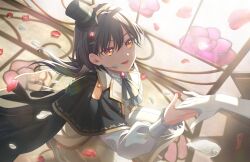  2girls ascot black_capelet black_hair black_hat capelet ceras_yanagida_lilienfeld elbow_gloves falling_petals game_asset gloves grey_ascot hana_sakeba_yume_kakeru hat highres katsuragi_izumi looking_at_another love_live! love_live!_hasu_no_sora_jogakuin_school_idol_club love_live!_hasu_no_sora_jogakuin_school_idol_club_bloom_garden_party lower_teeth_only mini_hat mini_top_hat multiple_girls non-web_source official_art on_one_knee open_mouth orange_eyes out_of_frame petals red_petals self-datamine shirt side_cape slit_pupils solo_focus taking_another's_hand teeth top_hat virtual_youtuber white_gloves white_petals white_shirt 