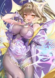  1girl ahoge anis_(nikke) anis_(star)_(starlight)_(nikke) asymmetrical_gloves bare_shoulders blush bodystocking breasts brown_eyes brown_hair commentary_request dress elbow_gloves gloves glowing glowing_hair goddess_of_victory:_nikke grey_bodystocking highres hong_(white_spider) large_breasts looking_at_viewer official_alternate_costume open_mouth party_dress ponytail purple_dress purple_gloves see-through_bodystocking see-through_cleavage see-through_clothes single_elbow_glove smile solo star-shaped_pupils star_(symbol) symbol-shaped_pupils 