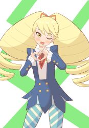  1girl blonde_hair blue_dress blue_pantyhose blush bow dress drill_hair green_eyes hair_bow heart heart_hands highres long_hair looking_at_viewer luna_platz_(mega_man) mega_man_(series) mega_man_star_force_(series) one_eye_closed open_mouth orange_bow pantyhose smile striped_clothes striped_pantyhose tsubagoro2525 twin_drills very_long_hair 