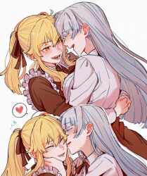  2girls blonde_hair blunt_ends blush closed_eyes dogbrooo english_commentary flying_sweatdrops grey_hair heart highres hug kakegurui long_hair maid momobami_ririka multiple_girls open_mouth saotome_mary simple_background spoken_heart teeth tongue twintails white_background yellow_eyes yuri 