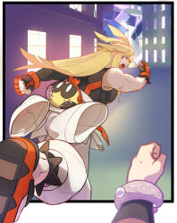  1boy 1girl biceps black_shirt blonde_hair bracelet clenched_hand clothes_around_waist colored_eyebrows commentary_request falinks fingerless_gloves gloves harmony_(pokemon) highres ivor_(pokemon) jacket jacket_around_waist jewelry kikudzuki_(muucha) looking_at_viewer night open_mouth outdoors pants pokemon pokemon_legends:_z-a red_gloves red_shoes running shirt shoes sidelocks single_sleeve stitches sweatdrop teeth upper_teeth_only white_pants 