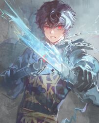  1boy animification brown_hair bu_meng chain clenched_teeth commentary cowboy_shot dagger dual_wielding electricity electrokinesis empty_eyes english_commentary freckles hair_between_eyes highres holding holding_dagger holding_knife holding_weapon jay_(ninjago) knife lightning looking_at_viewer male_focus ninjago ninjago:_dragons_rising red_eyes short_hair solo teeth weapon 