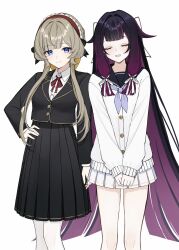  2girls black_jacket blue_eyes bow bowtie brown_hair cardigan closed_eyes collared_shirt columbina_(genshin_impact) genshin_impact gold_trim hair_bow hair_ornament hairband hand_on_own_hip highres irodo_1024 jacket long_hair multicolored_hair multiple_girls own_hands_together pantyhose pleated_skirt ribbon sailor sailor_collar sandrone_(genshin_impact) school_uniform shirt sidelocks simple_background skirt smile very_long_hair white_background white_pantyhose white_shirt 