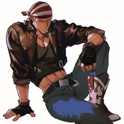  1boy abs bandana belt belt_buckle billy_kane black_gloves black_jacket black_shirt blonde_hair blue_eyes blue_pants boots brown_boots buckle closed_mouth cowboy_boots crop_top cropped_jacket denim earrings english_commentary fatal_fury fingerless_gloves gloves gradient_filter highres jacket jeans jewelry leather leather_jacket male_focus necklace official_alternate_costume pants pectoral_cleavage pectorals plasticcero99 shirt short_hair simple_background sitting sleeves_rolled_up solo stud_earrings studded_belt the_king_of_fighters unlit_cigarette_in_mouth v-shaped_eyebrows white_background 
