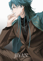  1boy absurdres black_shirt brown_jacket brown_pants chain chain_necklace character_name from_side green_hair green_jacket hand_up highres jacket jacket_on_shoulders jewelry jiyan_(wuthering_waves) long_hair looking_ahead male_focus minglu_(gululu) necklace official_alternate_costume pants parted_lips profile shirt solo wuthering_waves yellow_eyes 