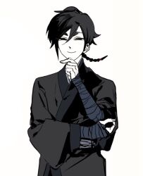  1girl arm_across_waist black_robe character_request cowboy_shot greyscale hand_on_own_arm hand_on_own_chin looking_at_viewer monochrome nicayuko omniscient_reader's_viewpoint robe smirk solo wide_sleeves 