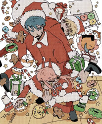  1girl 2boys black_boots blonde_hair blue_eyes blue_hair boots box candy candy_cane capelet chainsaw_man christmas christmas_present christmas_stocking commentary_request creature cross-shaped_pupils demon_girl denji_(chainsaw_man) doughnut eating food food_in_mouth fur-trimmed_capelet fur_trim gift gift_box gingerbread_man hair_between_eyes hat hayakawa_aki highres holding holding_sack horns multiple_boys open_mouth pants pastry_box pink_hair pochita_(chainsaw_man) power_(chainsaw_man) red_capelet red_eyes red_hat red_horns red_pants red_shirt sack santa_hat sharp_teeth shirt short_hair sweatdrop symbol-shaped_pupils teeth twitter_username yellow_eyes zelzmd 