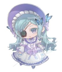  1girl absurdres blue_eyes bonnet braid bug butterfly chibi chinese_commentary classic_lolita commentary_request commission dress eyepatch frilled_bonnet frilled_dress frilled_headwear frills green_hair highres lolita_fashion long_hair original yexiemian 