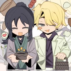  1boy 1girl :d ;d bag black_hair black_hoodie blonde_hair blush curtained_hair deformed green_robe grey_robe grin heart high_ponytail highres holding holding_bag hood hood_down hoodie jacket lee_hakhyun looking_at_viewer namgung_myeong nicayuko omniscient_reader's_viewpoint one_eye_closed ponytail robe short_hair sidelocks smile spoken_heart upper_body white_jacket 