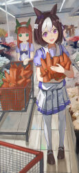  2girls absurdres bow brown_hair carrot ear_covers green_eyes highres holding holding_carrot horse_girl indoors multicolored_hair multiple_girls open_mouth orange_hair pantyhose pleated_skirt purple_bow purple_shirt school_uniform shippo_(pixiv_18567314) shirt shopping_cart silence_suzuka_(umamusume) skirt special_week_(umamusume) standing supermarket tracen_school_uniform two-tone_hair umamusume violet_eyes white_hair white_pantyhose white_skirt 
