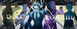  2girls 3boys angela_(project_moon) angelica_(project_moon) arm_up astolfo_(project_moon) bingoubing1 black_hair black_jacket black_necktie black_pants black_suit blue_hair cape champagne_flute collared_shirt commentary_request cowboy_shot cup drawn_crown dreadlocks drinking_glass highres jacket library_of_ruina male_focus multiple_boys multiple_girls necktie olivier_(project_moon) pants project_moon purple_cape purple_hair roland_(project_moon) shirt short_hair streamers suit suit_jacket toasting_(gesture) white_shirt 