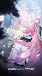  1girl alternate_costume artist_name bread bread_slice commentary cyrene_(demiurge)_(honkai:_star_rail) cyrene_(honkai:_star_rail) floating_hair food food_in_mouth from_behind graphia_academy_school_uniform hair_between_eyes highres honkai:_star_rail honkai_(series) long_hair long_sleeves looking_at_viewer looking_back mouth_hold pink_hair pointy_ears school_uniform shirt solo srpzk toast toast_in_mouth very_long_hair violet_eyes white_shirt 