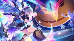  1boy 1girl absurdres adjusting_clothes adjusting_headwear aqua_hair asat_pramad bad_link bad_miyoushe_link black_jacket black_shorts black_socks black_sports_bra breasts cropped_jacket drill_hair emoji fishnet_socks fishnets game_asset gloves gradient_hair grey_eyes grey_hair hair_between_eyes hair_ornament hat highres holographic_wings honkai:_star_rail honkai_(series) jacket long_hair long_sleeves midriff multicolored_hair official_art open_mouth pants purple_gloves shoes shorts silver_wolf_(honkai:_star_rail) silver_wolf_(lv.999)_(honkai:_star_rail) single_fishnet_legwear single_sock small_breasts smile socks sports_bra thigh_strap 