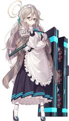  1girl akane_(blue_archive) annoyed apron arm_under_breasts black-framed_eyewear black_dress black_shoes blue_archive blue_necktie blue_ribbon blush bomb breasts brown_hair brown_shawl center_frills chest_harness closed_mouth clothes_writing dress dynamite elbow_on_arm explosive finger_on_trigger frilled_apron frills full_body game_asset glasses gloves grey_eyes gun hair_behind_ear hair_between_eyes hair_ribbon halo hand_on_own_chin hand_up handgun harness high_heels highres holding holding_gun holding_weapon large_breasts large_variant_set light_blush long_dress long_hair looking_at_viewer maid maid_apron maid_headdress mx2j necktie official_art pantyhose plaid_clothes plaid_shawl pleated_dress pumps raglan_sleeves ribbon shawl shoes sidelocks simple_background solo standing stroking_own_chin tachi-e third-party_source tiptoes transparent_background v-shaped_eyebrows variant_set weapon weapon_case white_apron white_gloves white_pantyhose white_sleeves yellow_halo 
