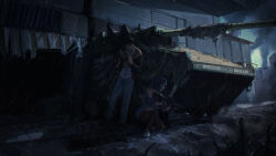  1010kman 1boy 1girl absurdres black_hair building cannon gun highres holding holding_gun holding_weapon military_vehicle motor_vehicle original rain scenery shadow smoke taking_cover tank weapon 