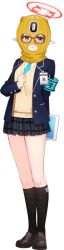  1girl arm_behind_back armband ayane_(blue_archive) balaclava black_hair black_skirt black_socks blue_archive blue_jacket blue_necktie blush brown_shoes buttons clenched_hand clothes_writing covered_face embarrassed full_body game_asset glasses halo hand_on_own_chest hand_up highres holding holding_tablet_pc hwansang id_card jacket kneehighs large_variant_set layered_sleeves legs legs_together looking_at_viewer miniskirt necktie official_art open_clothes open_jacket open_mouth plaid_clothes plaid_skirt pleated_skirt pocket pointy_ears red-framed_eyewear red_halo safety_pin school_uniform shirt shoes simple_background skirt socks solo standing sweater tablet_pc tachi-e thighs third-party_source transparent_background variant_set white_shirt yellow_eyes yellow_sweater 