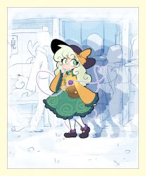  1girl absurdres black_hat commentary crown disembodied_linked_eye english_commentary floral_print floral_print_skirt frilled_sleeves frills full_body green_eyes green_hair green_skirt hat highres koishi_day komeiji_koishi long_hair looking_at_viewer orange_shirt print_skirt rose_print shirt signature sir_koi skirt socks solo_focus third_eye touhou white_socks 