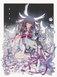  1girl bare_legs bird closed_eyes closed_mouth columbina_(genshin_impact) commentary dove dress essielop eye_mask feathers flower full_body genshin_impact glowing hair_ornament hair_spread_out head_down highres long_hair long_sidelocks mask multicolored_hair multiple_wings on_ground petals purple_streaks see-through_clothes see-through_mask sidelocks sitting solo streaked_hair two-tone_hair very_long_hair white_dress white_headdress white_mask wing_hair_ornament wings 