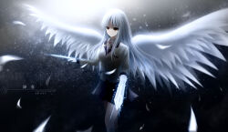  1girl absurdres angel angel_beats! angel_wings arm_blade artist_name backlighting black_skirt breasts character_name closed_mouth collared_shirt commentary dress_shirt expressionless falling_feathers feathered_wings feathers feet_out_of_frame fighting_stance floating_hair grey_hair hair_between_eyes hand_sonic hands_up highres jacket kneehighs light_particles liht long_hair long_sleeves looking_at_viewer miniskirt neck_ribbon pleated_skirt ribbon school_uniform shirt skirt small_breasts socks solo standing straight_hair tachibana_kanade translated very_long_hair weapon white_feathers white_shirt white_socks white_wings wings yellow_eyes yellow_jacket yellow_ribbon 