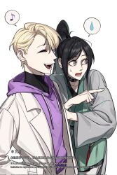  1boy 1girl black_hair black_shirt blonde_hair coat green_robe grey_robe grin hand_on_own_hip high_ponytail highres hood hood_down hoodie lee_hakhyun long_hair long_sidelocks looking_to_the_side musical_note namgung_myeong nicayuko omniscient_reader's_viewpoint open_clothes open_coat ponytail purple_hoodie robe shirt short_hair sidelocks smile spoken_emoji spoken_musical_note undershirt white_coat wide_sleeves 