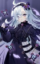  1girl absurdres ahoge arm_up belt black_belt black_bow black_butterfly black_dress blunt_ends bow bow_hairband bowtie braid bug butterfly catriona commentary_request dress frilled_sleeves frills gem gothic_lolita hairband highres karunabaru lolita_fashion long_hair looking_at_viewer open_mouth purple_gem red_pupils shadowverse shadowverse:_worlds_beyond simple_background smile solo two-tone_dress very_long_hair white_dress white_hair 