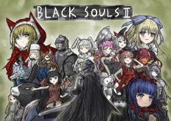  4boys 6+girls absurdres alice_(black_souls) armor astlibra_revision bandersnatch_(black_souls) black_gloves black_hair black_leotard black_souls black_souls_2 blonde_hair blue_bow blue_eyes blue_hair blush bow breasts brown_hair capelet carnacki_(black_souls) closed_mouth commentary_request dress edith_liddell_(black_souls) florence_(black_souls) fluffy_(black_souls) gerda_(black_souls) gloves grimm_(black_souls) hair_bow hat head_wings highres hood hood_up hooded_capelet jabberwock_(black_souls) jack_(black_souls) jubjub_(black_souls) large_breasts leotard long_hair looking_at_viewer lorina_(black_souls) mabel_(black_souls) multicolored_hair multiple_boys multiple_girls node_(black_souls) parody poro_(black_souls) prickett_(black_souls) red_capelet red_dress red_hood_(black_souls) short_hair smile split-color_hair stuffed_animal stuffed_toy sushi_yuusha_toro_(style) teddy_bear v vernai_(black_souls) very_long_hair white_hair white_hat wings xun_lin_(pixiv_93392103) 