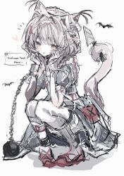 1girl absurdres animal_ears arknights artist_name ball_and_chain_restraint blush brown_hair cat_ears cat_girl cat_tail dress ear_tufts english_text grey_dress hands_on_own_cheeks hands_on_own_face haze_(arknights) haze_(the_nursing_home_creepshow)_(arknights) highres holding holding_knife holding_with_tail knife notice_lines nyaatori official_alternate_costume pantyhose prehensile_tail red_shoes shoes simple_background simple_bat solo squatting tail tongue tongue_out white_background white_pantyhose yellow_eyes 