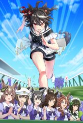  6+girls absurdres ahoge animal_ears apron arm_up black_hair black_shirt blue_eyes blue_sky blush bow bowtie breasts brown_eyes brown_hair cheenosuke cheering cheval_grand_(umamusume) closed_mouth clouds commentary_request commission crown_ornament double-parted_bangs dress duramente_(umamusume) ear_covers ear_through_crown ears_through_headwear green_eyes green_hair hair_between_eyes hair_ornament hat hat_belt highres holding holding_megaphone horse_ears horse_girl horse_tail kitasan_black_(umamusume) large_breasts long_hair long_sleeves maid maid_apron maid_headdress medium_breasts megaphone multicolored_hair multiple_girls open_mouth outdoors pixiv_commission puffy_short_sleeves puffy_sleeves purple_bow purple_bowtie purple_shirt red_eyes running sailor_collar sailor_shirt satono's_trainer satono_crown_(umamusume) satono_diamond_(umamusume) school_uniform shirt shoes short_hair short_sleeves shorts side_ponytail single_ear_cover sky smile sounds_of_earth_(umamusume) streaked_hair tail tracen_school_uniform umamusume very_long_hair white_apron white_hair white_hat white_sailor_collar white_shirt white_shorts 
