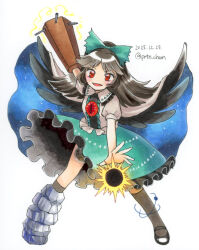  1girl :d arm_cannon arm_up artist_name asymmetrical_footwear atom bird_wings black_hair black_shoes black_socks black_sun black_wings blush bow breasts cape center_frills chest_eye collared_shirt commentary_request control_rod_(touhou) dated frilled_shirt frilled_shirt_collar frilled_skirt frills full_body green_bow green_skirt hair_bow kneehighs leaning_forward legs_apart long_hair looking_at_viewer mary_janes mismatched_footwear no_nose one-hour_drawing_challenge open_hand open_mouth proton puffy_short_sleeves puffy_sleeves red_eyes reiuji_utsuho shirt shoes short_sleeves simple_background skirt small_breasts smile socks solo standing starry_sky_print sun third_eye touhou twitter_username two-sided_cape two-sided_fabric weapon white_background white_cape white_shirt wings 