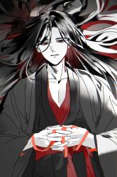  1boy bishounen black_hair black_hanfu chinese_clothes coat collarbone grandmaster_of_demonic_cultivation grey_coat hair_down hair_ribbon hair_spread_out half_updo hanfu highres holding holding_ribbon interlocked_fingers long_hair long_sleeves looking_at_viewer lying male_focus memomdzs monochrome official_alternate_costume official_alternate_hairstyle on_back open_clothes open_coat own_hands_together parted_lips red_eyes red_ribbon red_sash ribbon robe sash solo spot_color upper_body very_long_hair wei_wuxian wei_wuxian_(yiling_laozu) wide_sleeves 