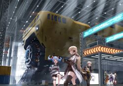  6+girls absurdres andoris_(girls'_frontline_2) belka_(girls'_frontline_2) black_shorts blonde_hair blue_gloves blue_hair brown_hair colphne_(girls'_frontline_2) commentary_request covenant_halo_(girls'_frontline_2) elmo_(vehicle) g28_(girls'_frontline) girls'_frontline_2:_exilium girls_frontline gloves green_hair grey_hair groza_(girls'_frontline_2) hat highres hk416_(girls'_frontline) klukai_(girls'_frontline_2) long_hair multiple_girls ots-14_(girls'_frontline) red_eyes s-masa_7131 shorts twintails vector_(girls'_frontline) vector_(girls'_frontline_2) white_hat 