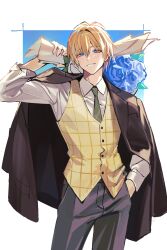  1boy absurdres aged_up alternate_hairstyle blonde_hair blue_eyes blue_flower blue_rose bouquet collared_shirt commentary_request digimon digimon_beatbreak flower green_necktie hand_in_pocket highres holding holding_bouquet jacket jacket_on_shoulders korean_commentary kuonji_makoto looking_at_viewer male_focus manamarakk necktie pants rose shirt smile solo vest white_shirt 