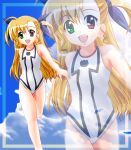  blonde_hair flat_chest heterochromia highres long_hair mahou_shoujo_lyrical_nanoha mahou_shoujo_lyrical_nanoha_strikers one-piece_swimsuit running solo swimsuit swimsuit vivio zoom_layer 