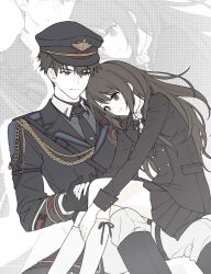  1boy 1girl aiguillette black_gloves black_hair black_jacket black_necktie black_skirt brown_hair caleb_(love_and_deepspace) closed_mouth collared_shirt commentary_request gloves hat highres jacket kneehighs long_hair long_sleeves love_and_deepspace military military_uniform necktie pants peaked_cap pleated_skirt shirt short_hair sitting sitting_on_lap sitting_on_person skirt smile socks white_socks zoom_layer zzoncms 