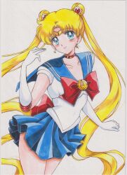  1girl absurdres back_bow bishoujo_senshi_sailor_moon blonde_hair blue_eyes blue_sailor_collar blue_skirt bow breasts chikoto_(kztc4472) choker circlet closed_mouth collarbone commentary covered_navel cowboy_shot crescent crescent_choker crescent_earrings curtained_hair double_bun earrings elbow_gloves gem gloves gold_circlet hair_bun hair_ornament hand_up highres jewelry leaning_forward legs_together leotard lone_nape_hair long_hair looking_at_viewer magical_girl medium_breasts miniskirt parted_bangs photo_(medium) pleated_skirt red_bow red_choker red_gem red_trim sailor_collar sailor_moon sailor_senshi_uniform short_sleeves simple_background skirt smile solo standing traditional_media transformation_brooch_(sailor_moon) tsukino_usagi twintails very_long_hair white_background white_gloves white_leotard 