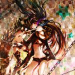  belt bikini_top black_hair black_rock_shooter black_rock_shooter_(character) blue_eyes boots breasts chain checkered cleavage denko dual_persona gauntlets glowing glowing_eyes greaves huge_weapon insane_black_rock_shooter katana long_hair midriff navel purple_eyes scar shorts stitches sword thigh_boots thighhighs tsukudato twintails vocaloid weapon 