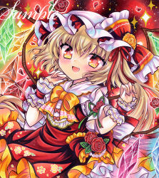  1girl :d adapted_costume blonde_hair blush bow bowtie collared_shirt commentary_request crystal crystal_wings dress fang flandre_scarlet floral_print flower frilled_dress frilled_shirt_collar frilled_wrist_cuffs frills hat hat_bow hat_flower looking_at_viewer marker_(medium) mob_cap multicolored_wings one_side_up pinafore_dress print_dress puffy_short_sleeves puffy_sleeves red_bow red_dress red_eyes red_flower red_rose red_wrist_cuffs rose rui_(sugar3) sample_watermark shirt short_sleeves skin_fang sleeveless sleeveless_dress smile solo touhou traditional_media watermark white_hat white_shirt wings wrist_cuffs yellow_bow yellow_bowtie yellow_flower yellow_rose 