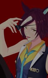  1girl animal_ears aqua_necktie bare_shoulders breasts brown_hair commentary_request eyepatch hair_between_eyes highres horse_ears horse_girl looking_at_viewer multicolored_hair necktie open_clothes open_vest paripari_salad red_background shirt short_hair simple_background small_breasts smile solo streaked_hair tanino_gimlet_(embodiment_of_keravnos)_(umamusume) tanino_gimlet_(umamusume) tongue tongue_out umamusume vest white_hair yellow_eyes yellow_shirt 