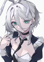  1girl absurdres artist_name black_choker black_nails black_necktie choker closed_mouth commentary_request ear_ornament green_eyes haku_(yanhaku) highres looking_at_viewer maid necktie open_cleavage original playboy_bunny short_hair simple_background solo white_background white_hair wolf_cut 