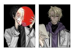  2boys black_hair black_shirt blonde_hair border brown_eyes coat collared_shirt color_contrast curtained_hair highres holding holding_paper hood hood_down hoodie kim_dokja lee_hakhyun male_focus multiple_boys nicayuko omniscient_reader's_viewpoint open_clothes open_coat paper purple_hoodie shirt short_hair smile turtleneck upper_body white_border white_coat 