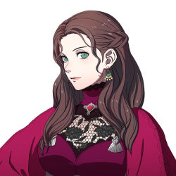  1girl artist_request breasts brown_hair closed_mouth commentary_request dorothea_arnault dress earrings fire_emblem fire_emblem:_three_houses fire_emblem_warriors:_three_hopes green_eyes jewelry large_breasts lips long_hair looking_at_viewer official_alternate_costume official_alternate_hairstyle official_art red_dress simple_background solo transparent_background upper_body 