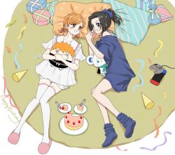  2girls black_eyes black_hair bleach blue_shirt blue_shorts blue_socks cake cake_slice character_doll commentary confetti controller doll english_commentary food fork fruit game_controller happy_birthday hat high_ponytail highres holding holding_doll kurosaki_ichigo kurosaki_karin kurosaki_yuzu loose_socks low_twintails lying multiple_girls nintendo_switch on_back on_side open_mouth orange_eyes orange_hair party_hat pillow ponytail sailor_collar sailor_shirt shirt short_twintails shorts siblings silegesi sisters slippers smile socks strawberry thigh-highs twins twintails unworn_headwear white_shirt white_thighhighs 