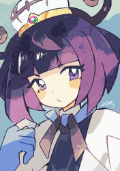  1girl anidler91 black_dress blue_gloves blunt_bangs bob_cut coat commentary_request dress eyelashes gloves gwynn_(pokemon) hat highres looking_at_viewer open_clothes open_coat partially_fingerless_gloves pokemon pokemon_legends:_z-a purple_hair short_hair simple_background solo upper_body violet_eyes white_coat 