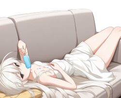  1girl absurdres ahoge ajsjm140648 armpit_crease bare_shoulders breasts collarbone commentary_request couch dress dutch_angle feet_out_of_frame food food_in_mouth grey_eyes hair_between_eyes hair_spread_out hand_up highres holding holding_food holding_popsicle kasugano_sora knees_up long_hair looking_at_viewer lying melting_popsicle on_back on_couch popsicle popsicle_in_mouth short_dress simple_background sleeveless sleeveless_dress small_breasts solo thighs very_long_hair white_background white_dress white_hair yosuga_no_sora 