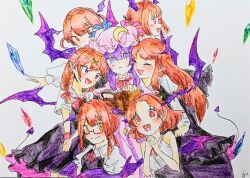  6+girls :< :d ^_^ alternate_costume alternate_eye_color alternate_hairstyle bat_wings bespectacled black_dress black_skirt blue_bow blush book bow bowtie braid braided_ponytail bright_pupils cheek-to-cheek closed_eyes commentary_request crescent crescent_hat_ornament crystal demon_tail dot_nose dress fang fangs from_side fujimugi glasses hair_between_eyes hair_bow hair_ornament hairclip hat hat_bow hat_ornament head_wings heads_together holding holding_book juliet_sleeves koakuma long_hair long_sleeves looking_at_viewer mob_cap multiple_girls multiple_persona open_book own_hands_together patchouli_knowledge pink_bow pink_eyes pink_hat pointy_ears puffy_short_sleeves puffy_sleeves purple_hair purple_wings red-framed_eyewear red_bow red_bowtie red_eyes red_hair semi-rimless_eyewear short_hair short_sleeves sidelocks simple_background sketch skin_fang skirt smile sparkle sweatdrop tail touhou traditional_media v-shaped_eyebrows v_arms very_long_hair vest violet_eyes white_background white_pupils white_vest wings wristband yellow_eyes 