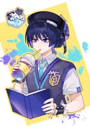  1boy beret black_hair black_hat black_sweater_vest blue_necktie blue_trim blunt_ends book border choppy_bangs collared_shirt colored_inner_hair contemporary cup disposable_coffee_cup disposable_cup drinking drinking_straw emblem eyeliner fingernails food_request genshin_impact hand_up hat highres himalayas0 holding holding_book holding_cup makeup male_focus multicolored_hair necktie official_alternate_costume open_book purple_hair purple_trim red_eyeliner scaramouche_(cat)_(genshin_impact) scaramouche_(genshin_impact) school_uniform shirt short_sleeves solo sweater_vest tsurime twitter_username undershirt violet_eyes wanderer_(genshin_impact) wanderer_(mega_mgc_coffee)_(genshin_impact) white_border white_shirt white_sleeves wrist_cuffs yellow_background 