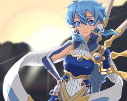  1girl armor asagi501 blade_wings blue_armor blue_eyes blue_hair blue_shrug blurry blurry_background breastplate breasts closed_mouth collared_shrug commentary_request double-parted_bangs gold_trim hair_between_eyes hair_tubes hand_on_own_hip highres looking_at_viewer medium_breasts medium_hair messy_hair mountainous_horizon pauldrons shirt shoulder_armor shrug_(clothing) sidelocks simple_background single_pauldron single_wing sinon sinon_(sao-alo) smile solo split_mouth straight-on sun sunrise sword_art_online sword_art_online:_alicization sword_art_online:_alicization_-_war_of_underworld turtleneck turtleneck_shirt two-tone_wings upper_body white_background white_shirt white_wings wing_collar wings yellow_background yellow_wings 