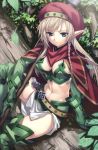  absurdres alleyne arein belt beret blonde_hair blue_eyes braid breasts cape cleavage elbow_gloves elf gloves hat highres long_hair matsuryuu midriff pointy_ears queen&#039;s_blade queen's_blade side_braid sitting skirt thighhighs tree 