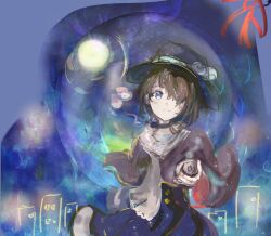  1girl alternate_eye_color black_capelet black_hat blue_eyes blue_skirt blush bow brown_eyes building can capelet closed_mouth hair_over_one_eye hat hat_bow high-waist_skirt highres holding holding_can moon night red_ribbon ribbon scarf short_hair skirt skyscraper smile solo star_(sky) touhou usami_renko uwazumi white_bow white_scarf winter winter_clothes 